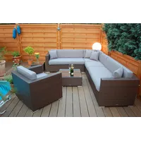 Ragnarök-Möbeldesign PolyRattan Lounge DEUTSCHE Marke - EIGNENE Produktion - 8 Jahre GARANTIE auf UV-Beständigkeit - Garten Möbel Glas Polster braun Gartenmöbel Aluminium Sofa Sessel grau