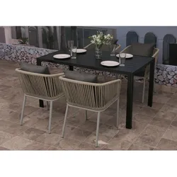Gartengarnitur MCW-N41, Tisch+4xStuhl, wetterfest Alu 140x80cm, Seilgeflecht Rope ~ hellgrau, Kissen dunkelgrau