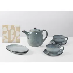Teeservice BROSTE COPENHAGEN "Single Geschirr-Set Nordic Sea, inkl. 1 Päckchen Papierserviette", blau (soft blau), 8 tlg., Keramik, Geschirr-Sets, Beliebte Geschirr Sets Exclusiv mit Geschenk
