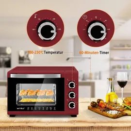 Woltu Mini Backofen 21 L, elektrischer Minibackofen, Miniofen, Pizzaofen, 1280 W, 100-230 °C, Timer 60 Min., Ober-/Unterhitze, Doppelverglasung, Rot