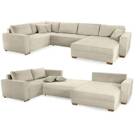 luma-home schönes für dein zuhause Wohnlandschaft U-Form 379/227/86 cm breit, Sofa Schlaffunktion Bettkasten, Wellenfedern, spiegelverkehrt montierbar, Cord Beige Grau / 15200