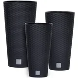 Botle 3 stck Blumentopf Rattan Hohe Verschiedene Größen H 47+57+76 cm Anthrazit Einsatz Kunststoff mit Pflanzeinsatz Rund
