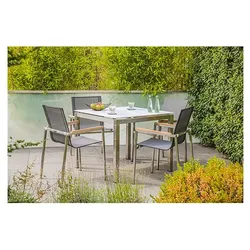 Gartenmöbel-Set Sydney 3, 5-teilig, Edelstahl, Tisch quadratisch, Stapelstühle, Textilene, Teakholz, grau, für Terrasse und Wintergarten