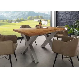 Massivmoebel24 Baumtisch Akazie 140 x 90 x 77 cm natur lackiert/silber matt