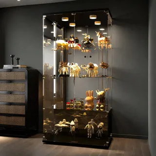 Glasvitrine, Glasvitrine Standvitrine mit Schloss und LED-Beleuchtung, Vitrine für Sammlung mit 2 Türen, 4 Fächern für Wohnzimmer, Schlafzimmer, Büro, Schwarz (Schwarz)