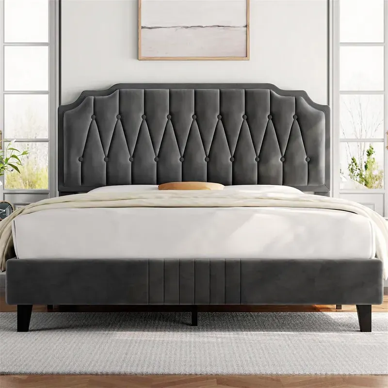 Yaheetech Gepolstertes Doppelbett 140 x 200 cm Stoffbett Jugendbett Gepolstertes Bett mit höhenverstellbarem Kopfteil Bettrahmen mit Lattenrost, Dunkelgrau