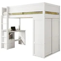 OKWISH Hochbett ausgestattet mit Kleiderschrank, Schreibtisch und Schubladen (vielseitiges Kinderbett, 90*200cm) ohne Matratze