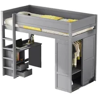 Rutaqian Hochbett Vielseitiges Kinderbett mit Kleiderschrank, Schreibtisch, 2 Schubladen (Hochbett aus Massivholz Einzelbett 90x200 cm,Ohne Matratze)