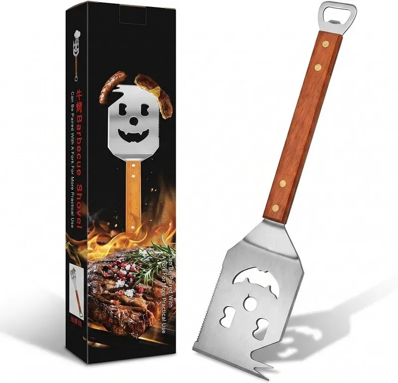 Huacan Outdoor-Grillspatel mit Holzgriff, Edelstahl-Metallspatel mit Flaschenöffner, Bratspatel, 1 Stück