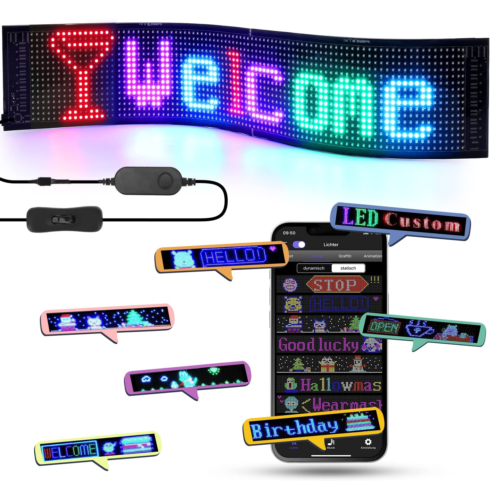 LED Laufschrift, 68x12cm Werbetafel für außen LED Anzeigetafel Programmierbar, LED Schild Personalisiert unterstützt Digital, Text, Graffiti, Animation Display, Smart APP Steuerung, USB Betriebene