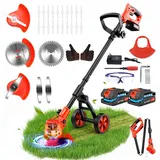 4 in 1 Rasentrimmer mit Akku,Rasenkantenschneider mit 2 × 2,0 Ah Batterie und Ladegerät,90°Drehkopf,Abnehmbaren Rädern,Freischneider mit 4 Klingentypen& Abnehmbaren Rädern für Gärten,Höfe,Rasen