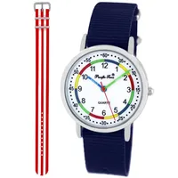 Pacific Time Lernuhr Jungen Mädchen Kinder Armbanduhr 2 Armband dunkelblau + rot-Weiss analog Quarz 11013