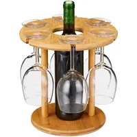 Relaxdays Weinglashalter, Bambus, für 6 Gläser, rund Ø 25cm, Weingeschenk, Bar, Weinbutler mit Weinflaschenhalter, natur