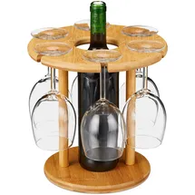 Relaxdays Weinglashalter, Bambus, für 6 Gläser, rund Ø 25cm, Weingeschenk, Bar, Weinbutler mit Weinflaschenhalter, natur