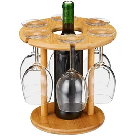 Relaxdays Weinglashalter, Bambus, für 6 Gläser, rund Ø 25cm, Weingeschenk, Bar, Weinbutler mit Weinflaschenhalter, natur