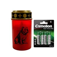 Fachhandel Plus LED Grablicht Hund mit Batterien – Grabkerze LED, wetterfeste Grableuchte Ewiges Licht mit Hundemotiv, warm flackerndes Gedenklicht für Tiergrab & Gedenkstätte (Rot, Bulldogge)