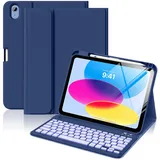 MoKo Hülle mit Tastatur für iPad A16 11 Generation 2025/10 Generation 2022(11/10.9 Zoll), TPU Schutzhülle iPad 10. Gen Hülle mit Pencil Halter und magnetisch Abnehmbarer Tastatur mit QWERTY Marineblau