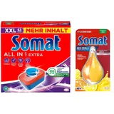 SOMAT Tabs 63 AW all in 1 Extra, Geschirrspül Tabs für strahlende Sauberkeit, bekämpft eingetrocknete Rückstände + Somat Duo Power Experten Deo Perls 60 AW Zitrone & Orange Duft 17g