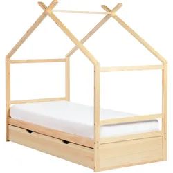 Kinderbett Haus Kiefernholz ORGEVAL  90 x 200 cm mit Stauraum Hellbraun