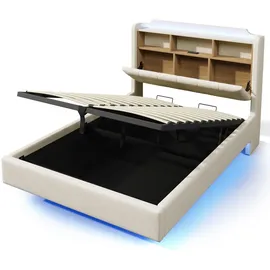 stilvora Polsterbett 140x200 cm mit LED-Lichtleiste und hydraulischem Stauraum, Doppelbett mit Staufächern und schwebendem Design, Jugendbett mit ... - Beige