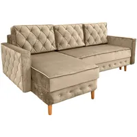 Ares Meble Ecksofa mit Schlaffunktion 227x144 cm - Ottomane Sofa L Form - L Couch 3 Sitzer - Schlafcouch mit Bettkasten - Samt Sofa Glamour - Chesterfield Sofas Ausziehbar - Beine aus Erle - Beige