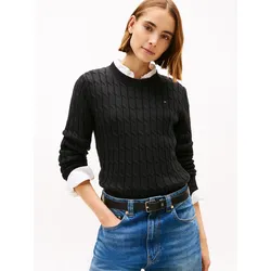 Rundhalspullover TOMMY HILFIGER "CO CABLE MID GG C-NK LS SWT", Damen, Gr. XL (42), schwarz, Strick, Obermaterial: 100% Baumwolle, unifarben, regular fit normal, Rundhals, Rippbündchen, Pullover Rundhalspullover, mit Zopfmuster