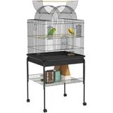 PawHut Vogelkäfig Wellensittichkäfig mit Tablett, Ablagefläche, Futternapf, Papagei Käfig mit Rollen für Wellensittich, Kanarien, Nymphensittich, Stahl 63 x 53 x 144 cm Schwarz
