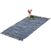 Flickenteppich, 70 x 140 cm, Baumwolle & Leder, Teppichläufer, Fransen, rutschfest, Fleckerlteppich, blau/grau