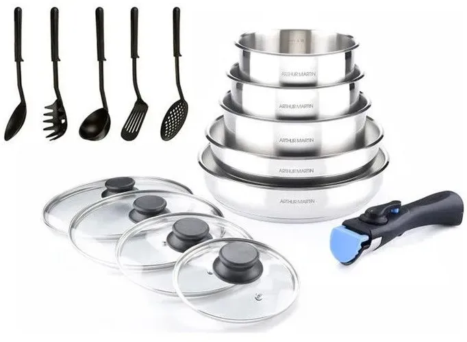 AM5535 : Batterie de Cuisine 15 Pièces Arthur Martin Poêles et Casseroles en Acier Inoxydable avec Accessoires, Intérieur Miroir