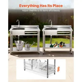 Vevor Spültisch Spülbecken Edelstahl (100 x 50 x 94 cm), Einzelbecken mit Wasserhahn & Ablage, Küchenspüle für Garage Restaurant Wäscherei, W...