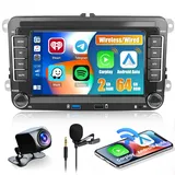 [2+64G] Autoradio Android mit Navi für VW Golf 5 6 Touran Polo Skoda Passat Radio, 7 Zoll Touch Display Wireless Carplay Android Auto Autoradio mit Bildschirm GPS WiFi Bluetooth FM Rückfahrkamera