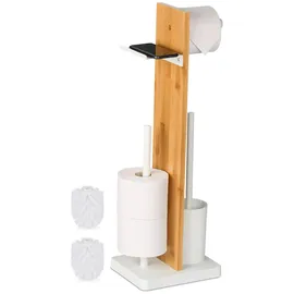 Relaxdays WC Garnitur, Bambus, Hbt: 68x27x18 cm, freistehender Klopapierhalter, Ablage, Toilettenbürste, weiß/natur