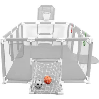 Laufstall Baby, Baby Laufgitter mit Basketballkorb & Fußballtor, Kinder Laufstall mit Reißverschlusstür, Großer Spielplatz, Stabiles Gitter für Krabbeln & Laufen (180x120x66cm) Hellgrau