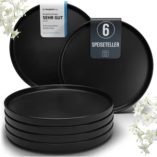 Steingut Teller groß 6 Pers. Manhattan Hochwertiges Urban Style TEST SEHR GUT Speiseteller Set - Spülmaschinen-, Mikrowellen- und Kratzfest - Stylisches Essteller Set - Pure Living in matt schwarz