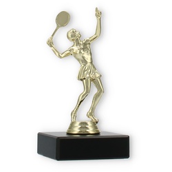 Pokal Kunststofffigur Tennisspielerin gold auf schwarzem Marmorsockel 12,6cm
