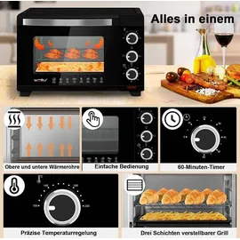Woltu Mini Backofen 21 L, elektrischer Minibackofen, Miniofen, Pizzaofen, 1280 W, 100-230 °C, Timer 60 Min., Ober-/Unterhitze, Doppelverglasung, Schwarz