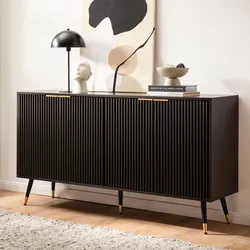 Sideboard 150cm MDF Eiche Schwarz Dekor Kommode mit 4 Türen edles Design