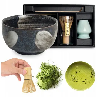 WESTCRAFT Matcha Set 4 tlg. Original japanische Schale mit Besen & Löffel Edo Japan Geschenkverpackung mit Matcha Besen Chasen, Matchabesen,Matchabesen Halter,Matcha Bambuslöffel Chashaku