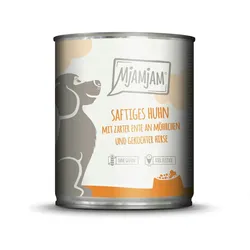 MJAMJAM Leckere Mahlzeit 800g Dose Hundenassfutter 6 x 800 Gramm saftiges Huhn mit zarter Ente an Möhrchen & gekochter Hirse