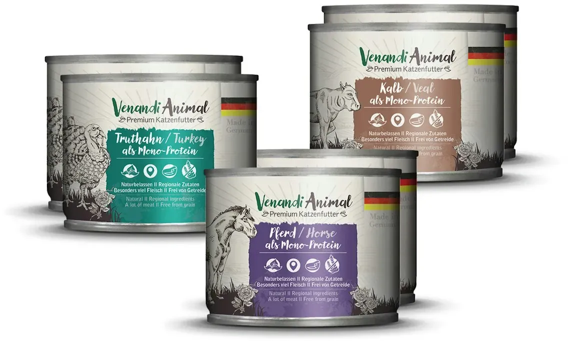 Venandi Animal 6x200g Mix-Paket Katzennassfutter Pferd/Kalb/Truthahn