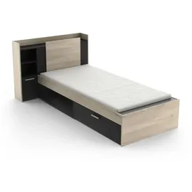 Demeyere Lit 90x190/200 Avec Rangement 1 Porte 3 Niches 1 tiroir – Noir Mat und Chêne Clair -124,5 x 226,9 x 90,5 cm, Eichenbürste/Mattschwarz, Eichenbürste/Mattschwarz