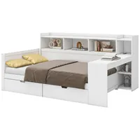 HAUSS SPOLE Schlafsofa 90x200cm mit Nachttischablage, Steckdose und USB, 2 Schubladen, Weiß, Schlafsofa,mit integriertem Schreibtisch und USB-Ladeanschluss mit 2 Schubladen und Stauraum, ohne Matratze weiß
