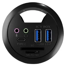 Icy Box IB-Hub1404A Tisch-Hub (2x Type-A, 1x Type-C), Kartenleser (SD/MicroSD), Audio Ein-/Ausgang, Kabeldurchführung, Schwarz
