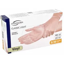 Hygonorm® Vinylhandschuhe Classic Light, gepudert, transparent, Einweghandschuh ist nur für Kontakt mit nicht-fettenden Lebensmitteln geeignet, 1 Packung = 100 Stück, Größe M