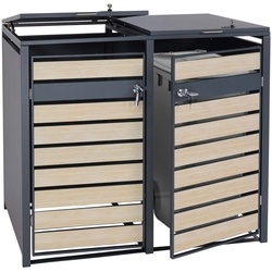 2er Mülltonnenverkleidung MCW-J81, Mülltonnenbox, erweiterbar, Metall 50kg, anthrazit ~ Buche-Holzoptik hellbraun