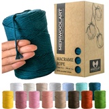 MeriWoolArt® Makramee Garn Blau - Makramee Garn 3mm farbig 200m - Super weiches Garn, einfach gedrehte Makramee Schnur - Öko-Tex 100% recyceltes Baumwollgarn farbig - DIY Boho Deko Makramee