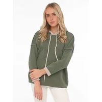 Zwillingsherz Hoodie "Positive Mind", Damen, Gr. L/XL (L/XL), grün (olive), Sweatware, Obermaterial: 75% Polyester, 20% Polyamid, 5% Elasthan, unifarben, comfort fit hüftlang, V-Ausschnitt, Sweatshirts Hoodie, Kapuze, 3/4 Arm, tonaler Schriftzug vorn, Kordelzug
