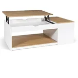 IDMarket - Couchtisch, aufklappbar, rechteckig, mit Truhe, Holz, Weiß und Buchenoptik