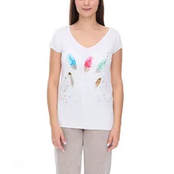 vestino Damen T-Shirt Kurzarm-Shirt mit Feder-Druck Sommer-Shirt 900548 Weiß - 40