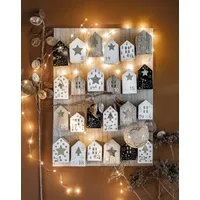 Adventskalender Winter Häuser Material Holz Deko Shabby  Schwarz Weiß 45x33 cm